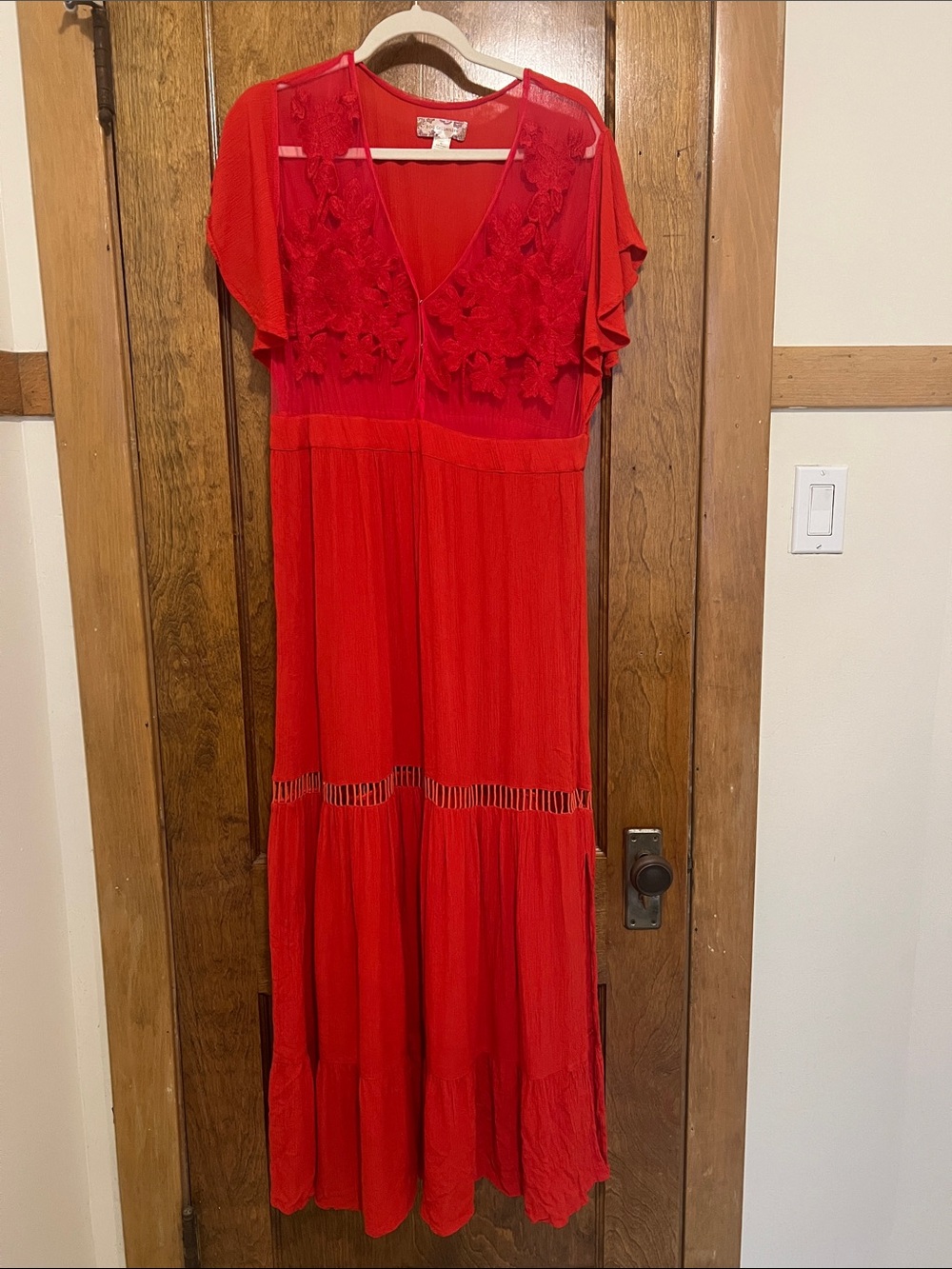 Red Floral Appliqué V-Neck Maxi Dress